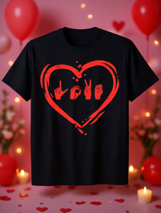 T-shirt in cotone con stampa di un cuore che esprime un gesto della mano, regalo di San Valentino per non udenti e non parlanti, in lingua dei segni (ASL), 100% morbido e confortevole da indossare. - Product Image 2