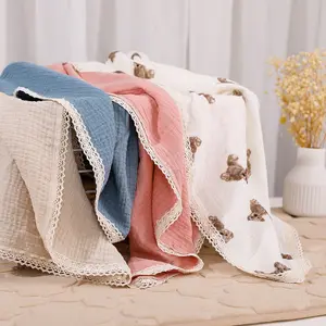 6 Layers Lace Toddler Baby Swaddle Muslin Unisex Trim Tassel Infant Baby Blanket Wrap Receiving Blanket