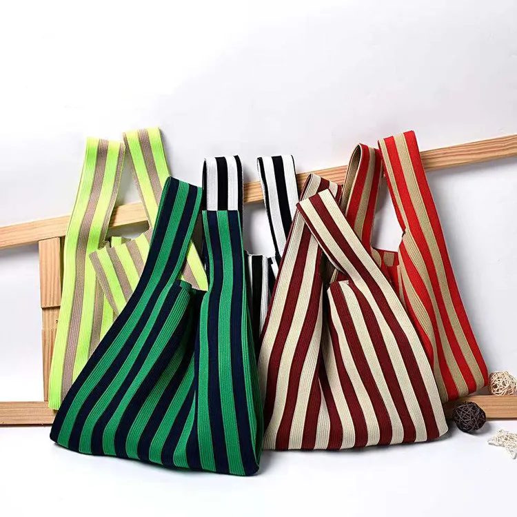 Reusable Colorful Striped Tote Bags Multi Purpose Handbags Bags Knit Bags For Women Shopping In Supermarket Grocery