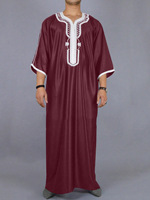 Qamis en satin pour homme Lanna, col en V, broderie contrastante, Jubba musulmane, Kaftan marocain, Robe islamique à manches courtes, plusieurs couleurs