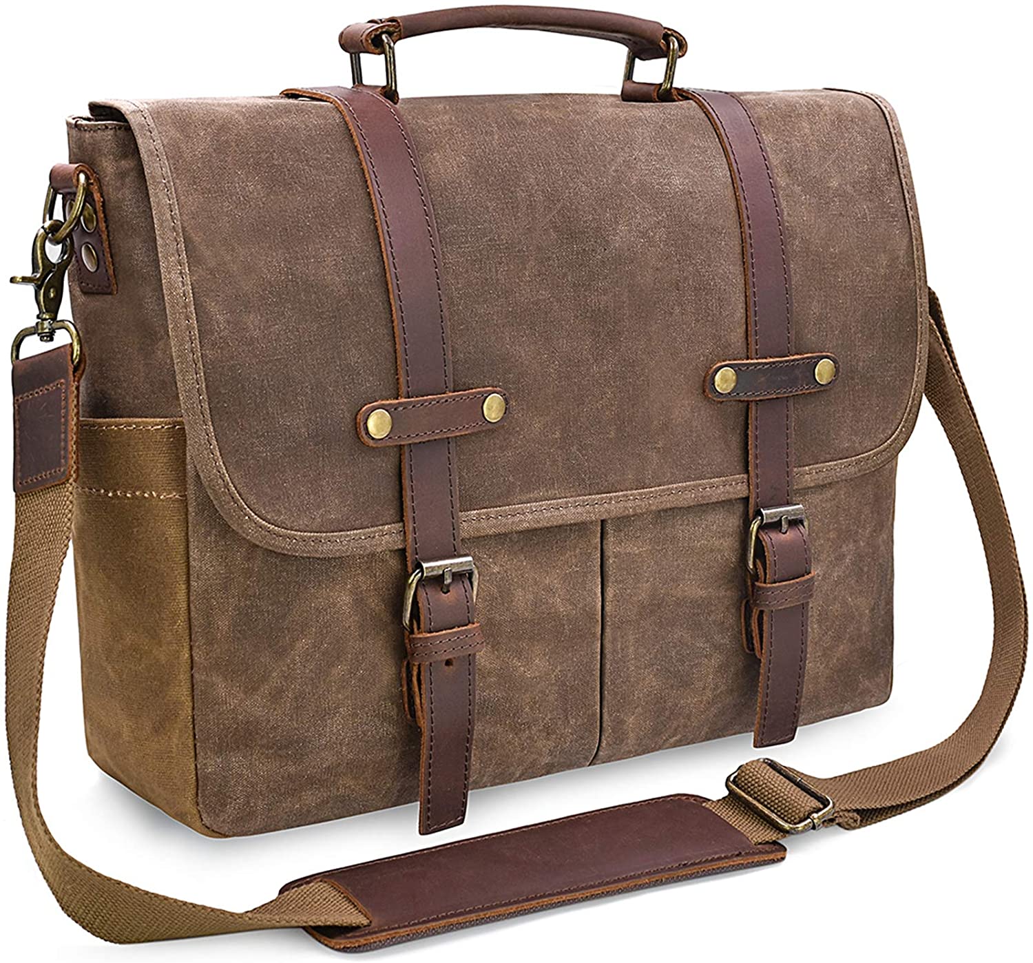 15.6 Inch Waterproof Vintage Genuine Leather Waxed Canvas Briefcase Large Satchel Shoulder Bag Mens Messenger Bag