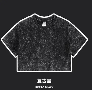 مخصص الصيف جولة الرقبة فارغة المحاصيل أعلى الشارع ارتداء حمض غسل خمر المتضخم أعلى المحاصيل التي شيرت للنساء - Product Image 4