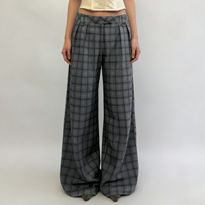 Pantalones Largos de Mujer a Cuadros con Bloques de Color, de Pierna Ancha, Cintura Media, Pierna Recta, Tejidos, Casuales y de Moda - Product Image 1