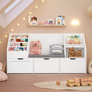Étagère à livres pour enfants avec coin lecture, organisateur de rangement pour jouets, avec coussin et 3 tiroirs mobiles avec bancs. - Product Image 3