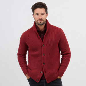 Burgundy Ribbed Button Cardigan <strong>Men</strong> High Stand Collar Winter Warm Knit Sweater <strong>Coat</strong> - Product Image 1