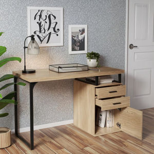 Bureau Effecti en chêne Table d'étude à pieds en métal avec 3 tiroirs offrant amplement d'espace pour un bureau d'ordinateur - Product Image 1