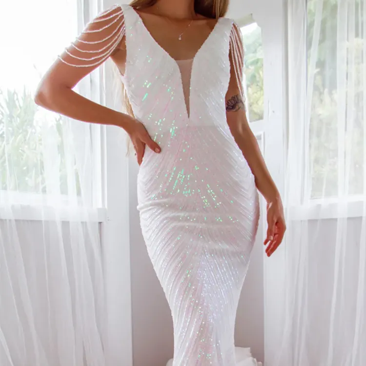 2022 Sexy Woman Sequin Gown Tassel Elegant White Party Dress