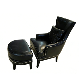 Amerikaanse vintage stoel met rivets en bijpassende voetenbank van echt leer - Product Image 3