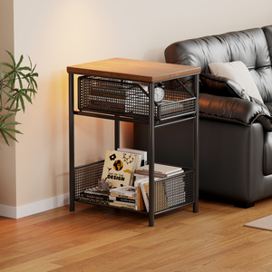 Storage <b>Cart</b> With Wooden Top And Metal Mesh Shelves For Living Room Or Bedroom Use - Product Image 3
