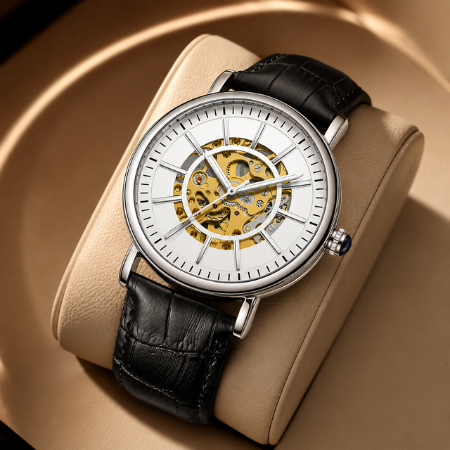Mens Fully Automatic Mechanical Watch 45mm Tourbillon Skeleton High-end Waterproof Genuine Leather Strap Business Metal Pointer
