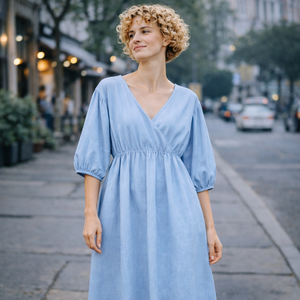 Fournisseur de haute qualité de robes décontractées, robe en lin bleu à col en V et manches bouffantes pour filles, robe élégante pour femmes - Product Image 1