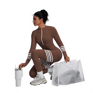 Combinaison pour femme à taille haute, manches longues, couleur unie, col en V, longueur intégrale, respirante, extensible, coupe moderne, tenue de sport - Product Image 5