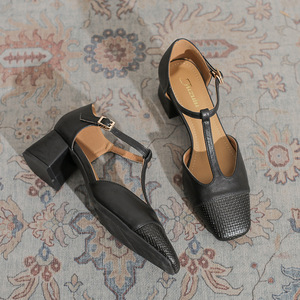 Sandalias vintage Baotou con tacón de bloque hueco y boca poco profunda, zapatos de tacón Mary Jane con tiras en T y paneles tejidos para mujer - Product Image 3
