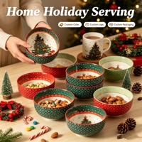 Ensemble de bols en céramique pour arbre de Noël, porcelaine verte vintage, bol à soupe et à riz, vaisselle de fête, logo personnalisé, cadeau de Noël