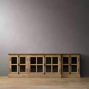 Meuble TV en chêne massif vieilli de style vintage américain, console multimédia avec porte vitrée de style campagne française, long meuble de rangement en bois pour salon - Product Image 6