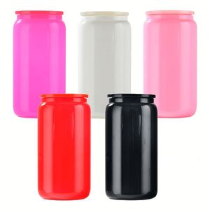 Taza de vidrio transparente para sublimación de 16 oz, estilo lata de cerveza colorida, con tapa de bambú y pajitas, desde almacén de EE. UU. - Product Image 1