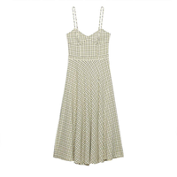 Robe midi à carreaux col en V pour femme, style vintage, bretelles spaghetti, dos froncé, pour l'été