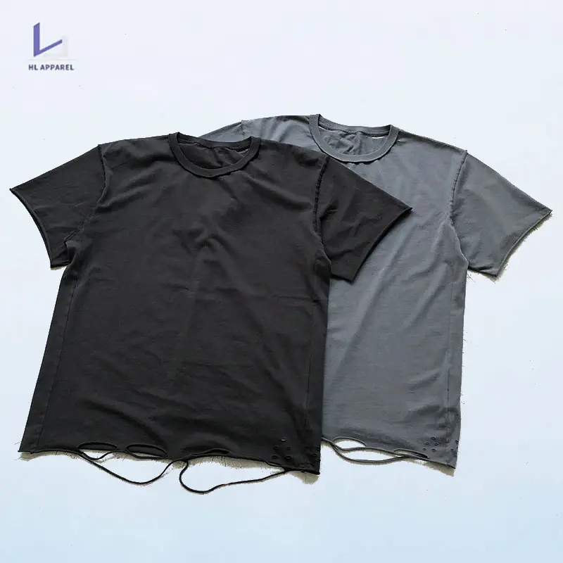 HL Manufacturer Wholesale Men 220 Gsm Cotton Ripped T Shirt Custom Black Vintage Blank Crew Neck Regular Fit Distressed Tshirt
