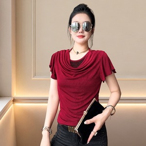 Crewneck Strap Color Matching All-match Short-sleeve T-shirt Women's 2026 Summer New Simple Fashion Slim-fit Top - Product Image 1