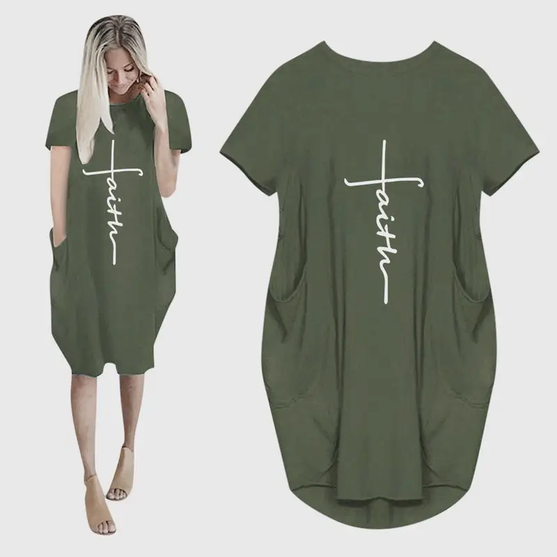 summer Women Faith Oversize Baggy T Shirt Causal Loose Party Short Midi Dresses With Pockets