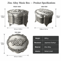 Boîte à bijoux octogonale en alliage de zinc avec mouvement Sankyo, grappe de roses en relief, intérieur en velours festonné, boîte à musique personnalisée OEM en gros