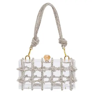 2023 New Fashionable Women's Small Square Acrylic Box Bag Transparent Diamond Rhinestone Detail Handmade Woven Underarm Clutch