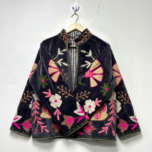 Ethnic Gray <b>Velvet</b> Embroidered Suzani <b>Jacket</b> Rabbit Pattern Full Sleeve Stand Collar Handmade Bohemian Autumn <b>Women</b> Outerwear - Product Image 1