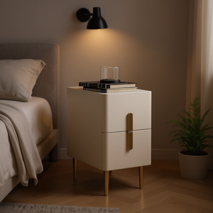 Table de chevet moderne beige avec 2 tiroirs, pieds dorés, plateau en cuir, meubles de chambre à coucher - Product Image 2