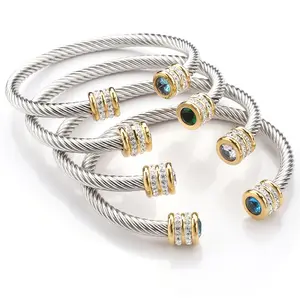 High Quality 18K Gold Plated Stainless Steel Girl Party Jewelry Birthstone Twisted Cable Wire Cuff Bangle