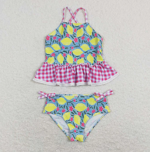 Maillot de bain deux pièces pour filles, style peplum à volants, imprimé floral rose et bleu - Product Image 5