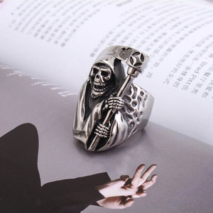 Grim Reaper Skull <b>Ring</b> | Antique Finish Stainless Steel Gothic Biker <b>Ring</b> for Men | Vintage Silver Tone Heavy <b>Statement</b> Jewelry - Product Image 4
