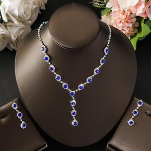 Parure de bijoux de mariée simple en strass, collier et boucles d'oreilles en cuivre, accessoires transfrontaliers plaqués zinc bleu, vente chaude en gros - Product Image 3