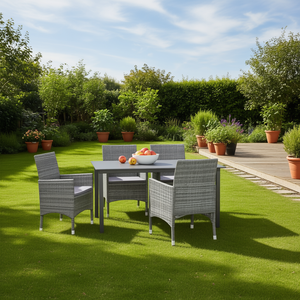 Set da pranzo in rattan grigio PE da 5 pezzi per giardino, mobili da esterno, stile contemporaneo leggero, 4 posti - Product Image 3