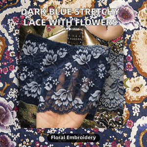 Dark Blue Stretchy Tulle <b>Lace</b> Trimming with Embroidered Polyester Flowers Sexy Ribbon 16-21cm Width for Curtain Dress Gifts - Product Image 2