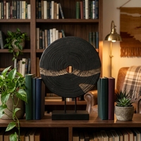 Sculpture artisanale en bois carbonisé, disque circulaire à grain naturel, support en métal, design Art Déco, décoration intérieure, baptême