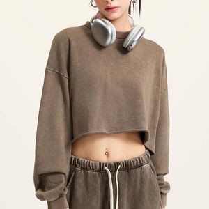 Sudadera Corta con Efecto Ácido FOXA para Mujer, Manga Larga, Hombros Caídos, Cuello Redondo, Top Corto, Mezcla de Algodón, Tejido Transpirable - Product Image 2