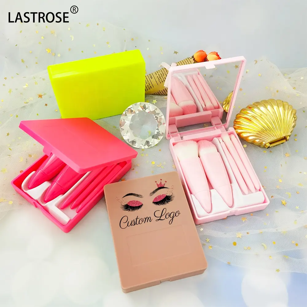 5pcs Portable Mini Hot Pink Travel Size Makeup Brush Set With Mirror Mini Cosmetic Make Up Brushes set