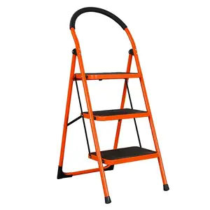 一站式梯子工厂3步橙色节省空间便携式家用钢制折叠式梯子