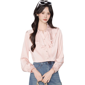 Pink Long Sleeve Shirt Women Ruffled Hem Solid Color Polyester Blouse Everyday Wear Spring Autumn Fashion Top - Product Image 5