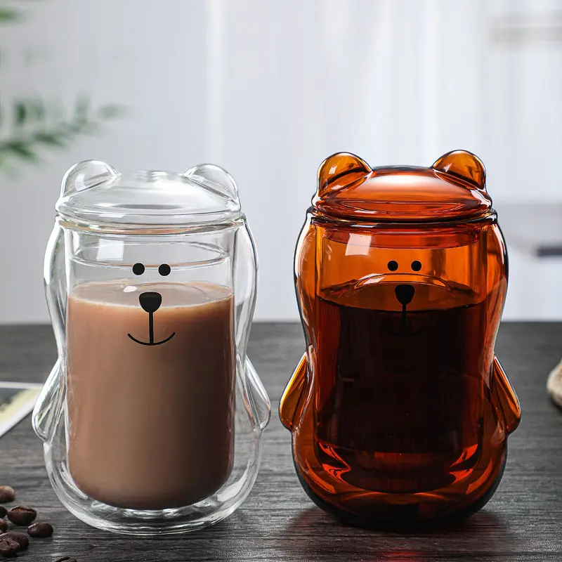 Tazas de café con forma de oso limpio, taza de vidrio de doble pared con vidrio de borosilicato alto para el hogar