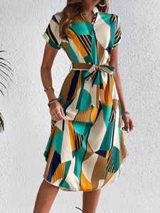 Women's 2026 European and American vacation style color block dress with belt <b>short</b>-sleeved <b>skirt</b> - Product Image 5