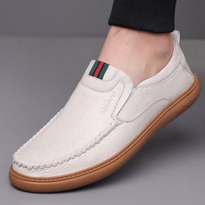 Men Summer Breathable Slip-On Loafers Round Toe Genuine Leather <b>Rubber</b> Sole Solid Color Casual Driving Shoes - Product Image 4