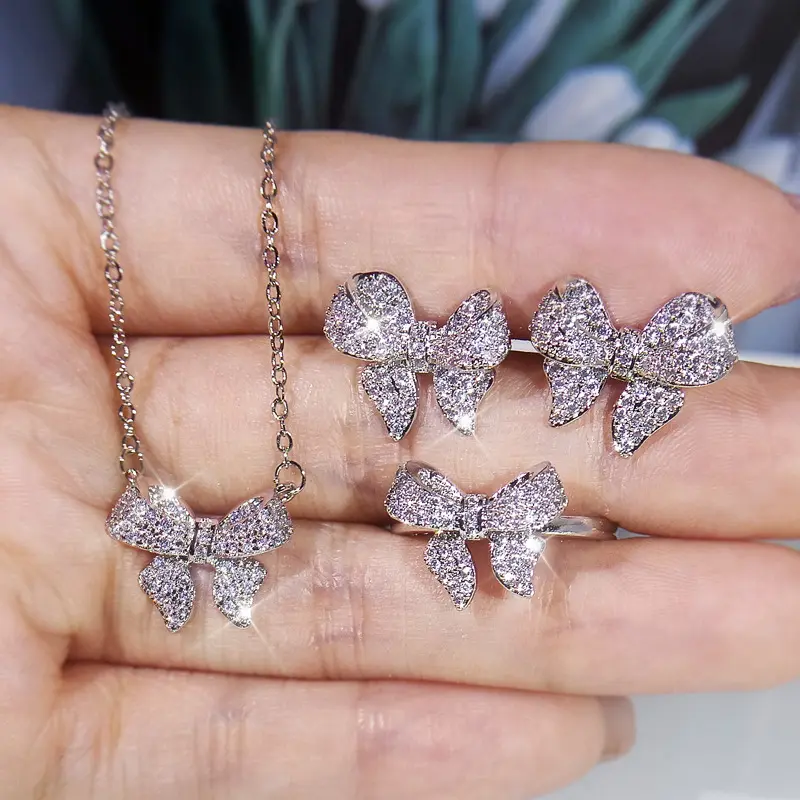 Korean style Fashion necklace ring earrings short four bowknot necklace bone chain fashion retro women's three-piece set jewelry