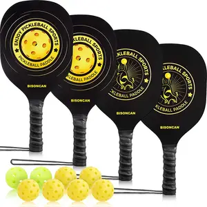 Pickleball Bộ 4 Mái Chèo Gỗ Bộ 4 Vợt Pickleball Trong Nhà & Ngoài Trời Với Đệm Cầm Tiện Dụng