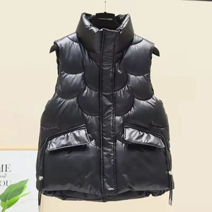 Women's Short Cotton Vest Off White Stand Collar Pocket Solid Color Winter Warm Waistcoat - Product Image 2