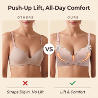 Soutien-gorge push-up sans armatures pour femme, avec logo, dentelle, nœud et détails en cristal, bonnets texturés, bretelles réglables confortables, idéal pour le quotidien