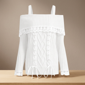 Women's Long Sleeve Cold Shoulder Lace Knit Sweater Tops with Bow Front and White Tie Detail - Product Image 3