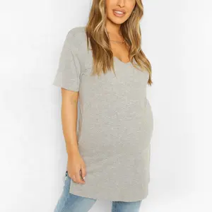 Toptan hamile kıyafetleri hamile kadınlar düz renk kısa kollu annelik tshirt elbiseler ile logo özel logo baskılı