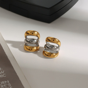 <b>Clip</b>-On Earrings Gold Silver Color-Blocked Three-Layer Geometric Stainless Steel Jewelry Fashion Accessory - Product Image 2