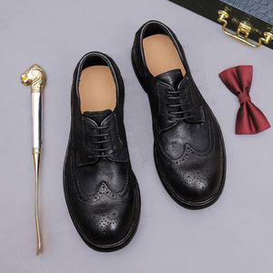 Chaussures Richelieu Brogue Derby pour Hommes, Style Rétro Britannique, Marron Beige, Confortables, Rehaussantes, en Cuir de Cheval, Cousu Goodyear, à Lacets - Product Image 3